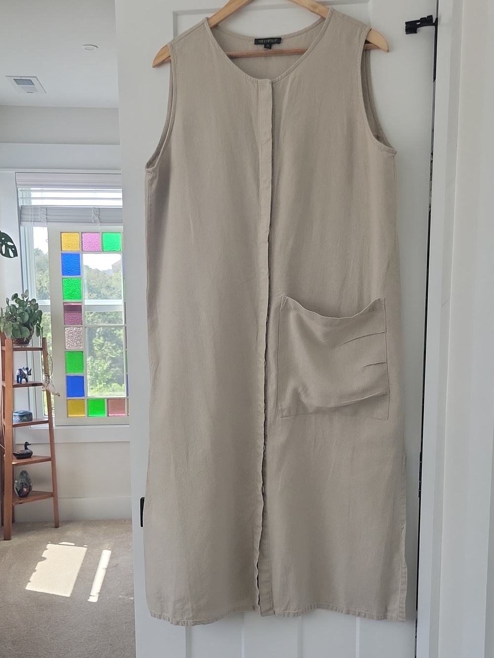 For Cynthia Linen Blend Sleeveless Beige Maxi Shift Dress (Lagenlook)